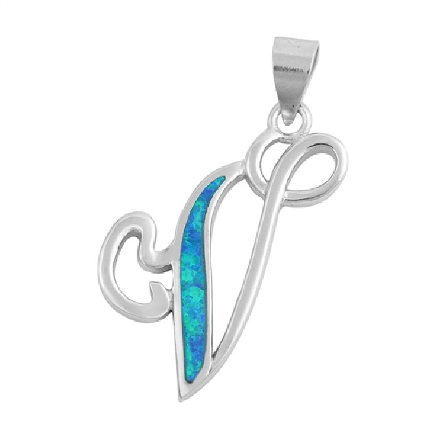 Pendentif initiale Lettre V argent 925 orné Opale bleue