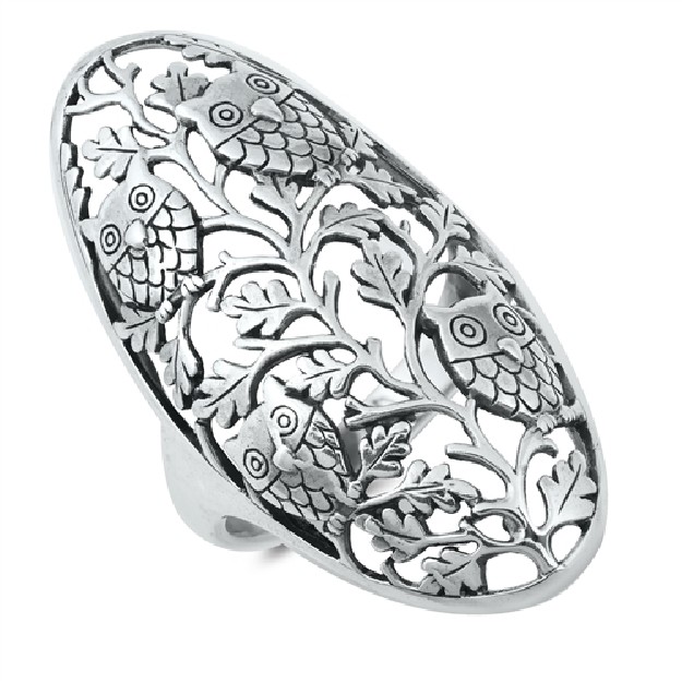 Bague Longue Hiboux & Feuilles de chêne Argent 925