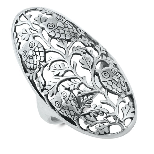 Bague Longue Hiboux & Feuilles de chêne Argent 925