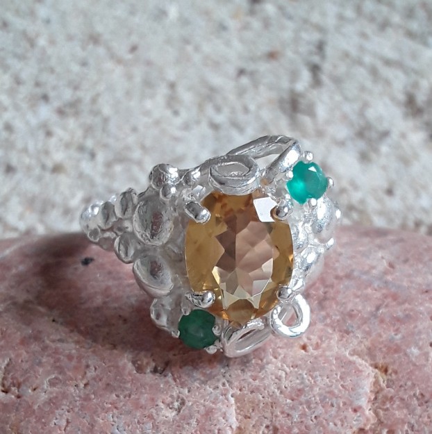 Belle Bague de Créateur ornée Citrine & émeraude argent 925 - TAILLE 56