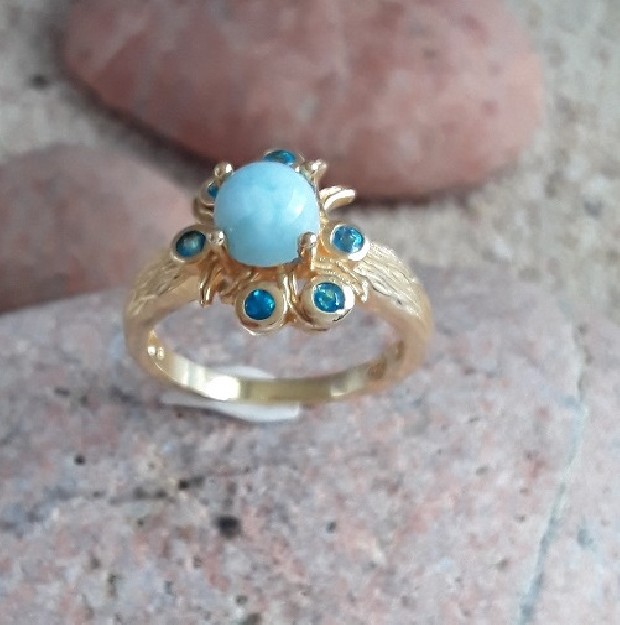 Belle Bague de créateur en Vermeil Ornée Larimar & Apatite - TAILLE 54