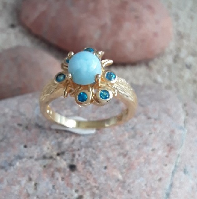 Belle Bague de créateur en Vermeil Ornée Larimar & Apatite - TAILLE 54