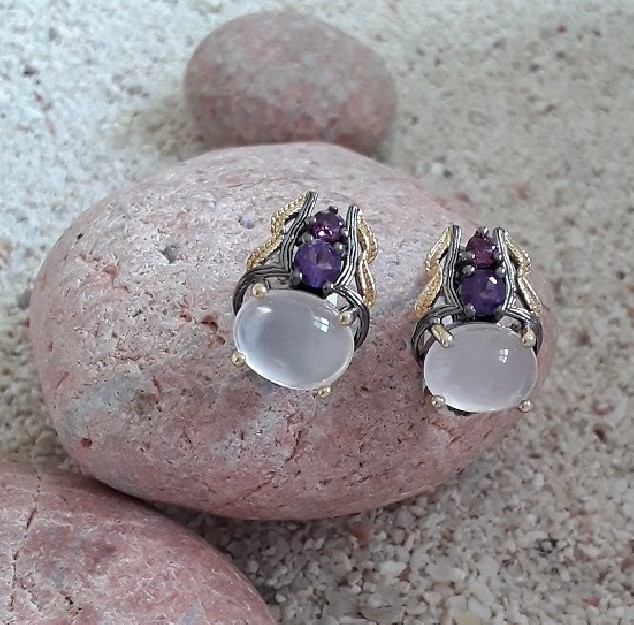 Boucles d'oreilles de créateur en Argent 925 Ornée Quartz rose & Améthyste