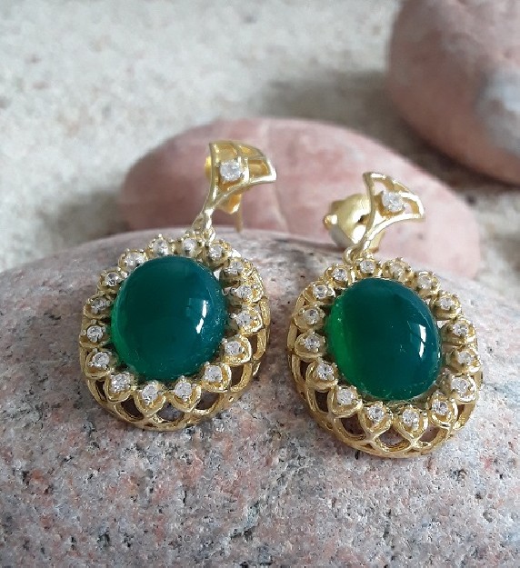 Boucles d'oreilles de Créateur Vermeil & ornées d'Onyx vert & zirconiums