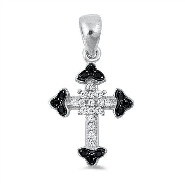 Pendentif Croix en Argent 925 orné de zirconiums clairs et noirs