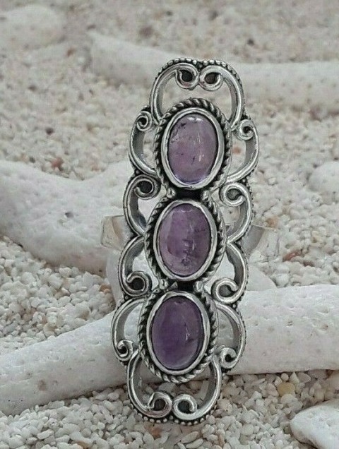 BAGUE LONGUE EN ARGENT 925 ORNEE D'AMETHYSTES - TAILLE 56