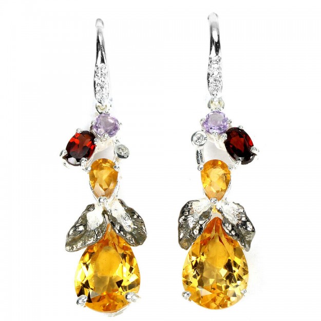 BOUCLES D'OREILLES EN ARGENT 925 ORNEES DE CITRINES, GRENATS & AMETHYSTE