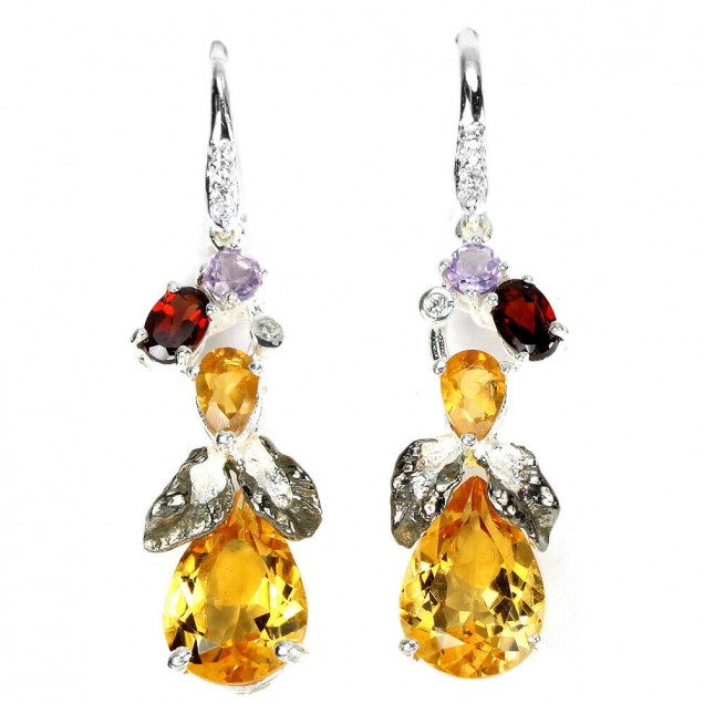 BOUCLES D'OREILLES EN ARGENT 925 ORNEES DE CITRINES, GRENATS & AMETHYSTE