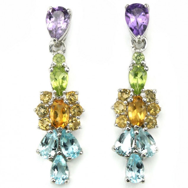 LONGUES BOUCLES D'OREILLES EN ARGENT 925 ORNEES DE TOPAZE, CITRINE, PERIDOT & AMETHYSTE