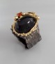 BAGUE DE CREATEUR ARGENT & OR, ONYX & CORNALINE TAILLE 56-57