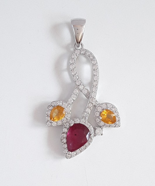 Pendentif de Créateur en Argent 925 Orné Grenat & de Citrine