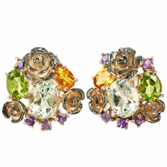 Boucles d'oreilles de Créateur en Vermeil ornées d'Améthyste & Multi-Pierres