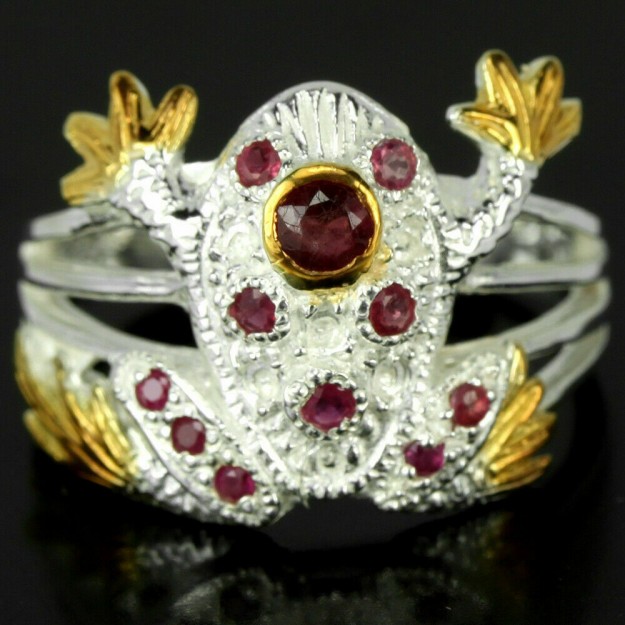 Belle Bague de créateur Grenouille & Rubis en argent 925 & Or - Taille 56