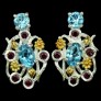 Belles Boucles d'oreilles de créateur 2 tons, Fleurs, Topazes bleues & Grenats en argent 925
