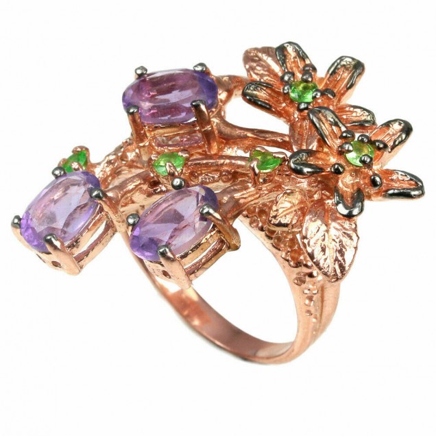 Bague de Créateur ornée d'Améthystes & Péridots en Vermeil - Taille 54