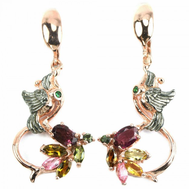 Belles Boucles d'oreilles de créateur, Oiseaux, Tourmalines, 2 tons Argent 925 & Vermeil rose