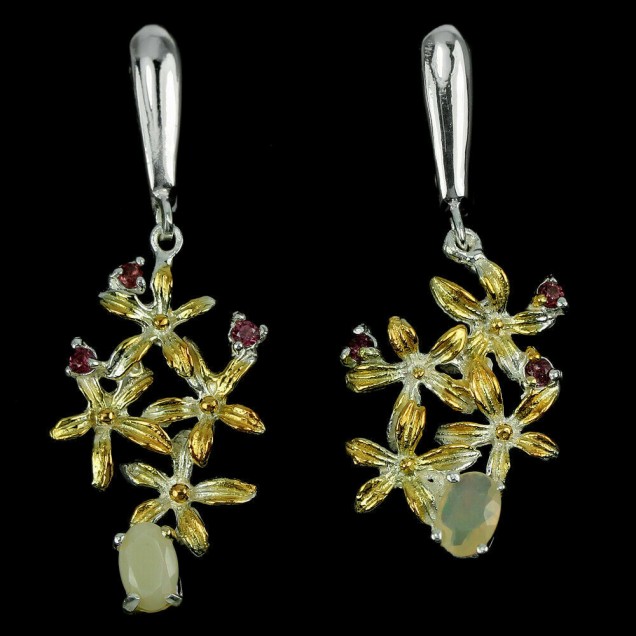 Belles Boucles d'oreilles de créateur, Opales & Grenats, 2 tons Argent 925 & Vermeil