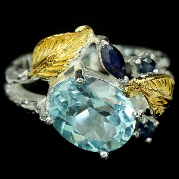 Belle Bague de créateur Topaze bleue & Saphirs, 2 tons Argent 925 & Vermeil - Taille 56