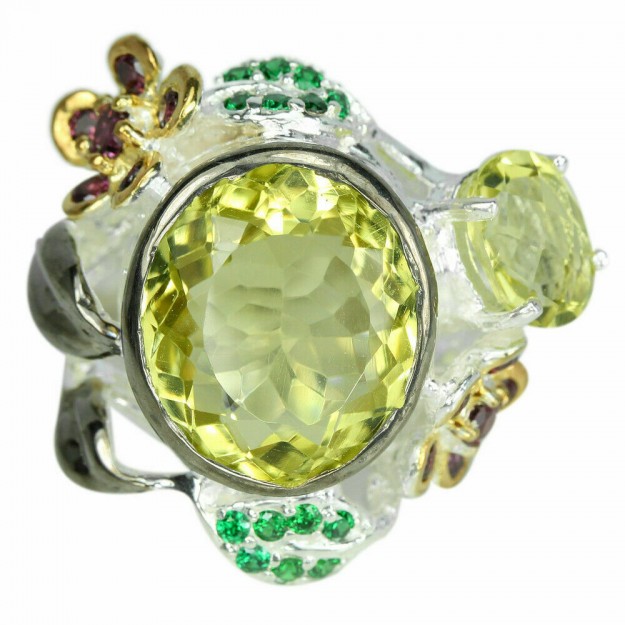 Belle Bague de créateur multi-pierres Quartz Lemon, Grenats & Diopsides, en Argent 925 - Taille 57