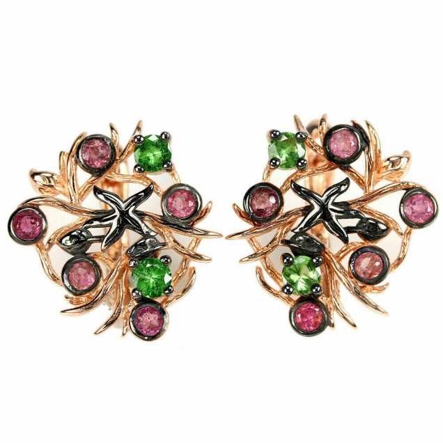 BOUCLES D'OREILLES de créateur design en Vermeil ornées de Péridot & rubis