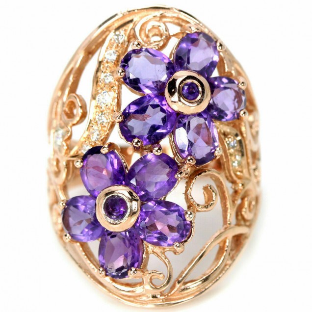 Belle Bague pavé de créateur Fleurs ornée d'Améthystes en Vermeil - Taille 55