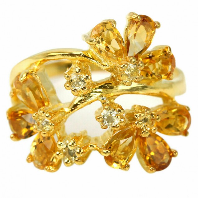 Belle Bague de créateur Fleurs ornée de Citrines en Vermeil - Taille 54