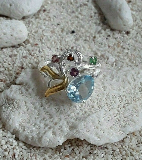 Belle Bague de créateur multi-pierres Topaze Bleue & Tourmalines, 2 tons Argent 925 & Or - Taille 51