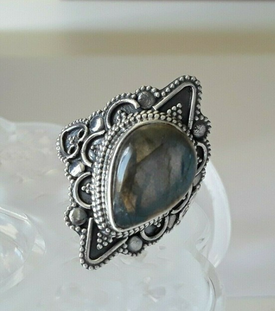 BAGUE DE CREATEUR BOHEME INDE ARGENT 925 ORNEE LABRADORITE - TAILLE 58