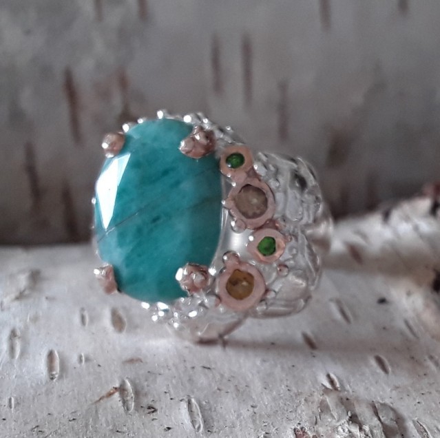 Belle Bague de Créateur ornée émeraude & Tourmalines argent 925 - TAILLE 60