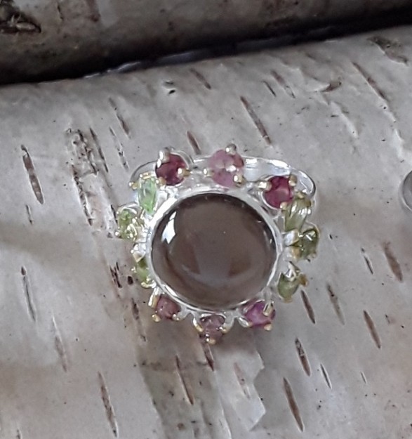 Bague de Créateur ornée Quartz fumé & Péridot argent 925 - TAILLE 59