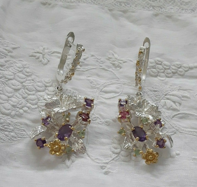 Boucles d'oreilles de Créateur Fleur ornées Améthystes argent 925 & Or