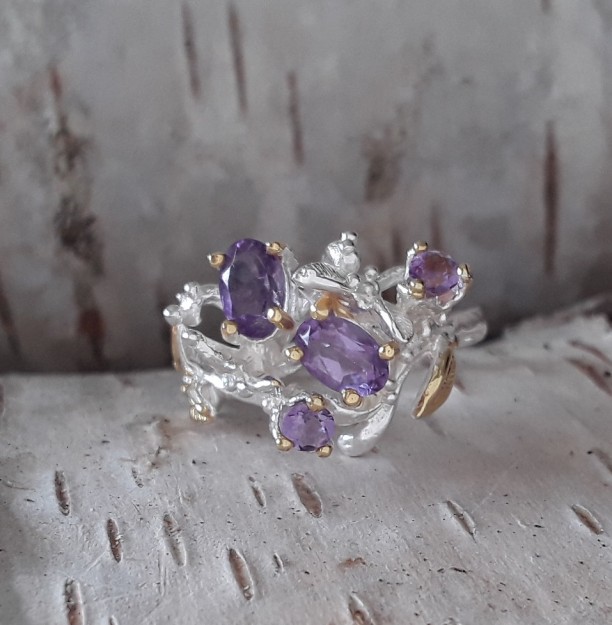 Bague de Créateur Fleur ornée Améthystes argent 925 & Or - Taille 54