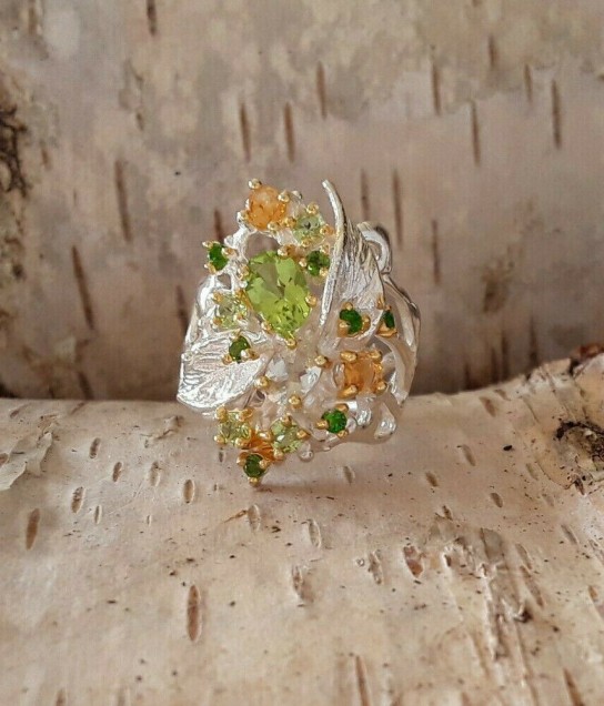 Bague de Créateur ornée Péridot & Citrine argent 925 & Or - Taille 57