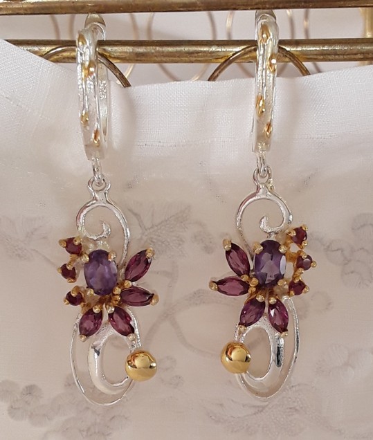 Boucles d'oreilles de Créateur Design ornées Améthystes argent 925