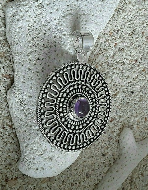 PENDENTIF ROND Bohème chic orné Améthyste ARGENT plaqué