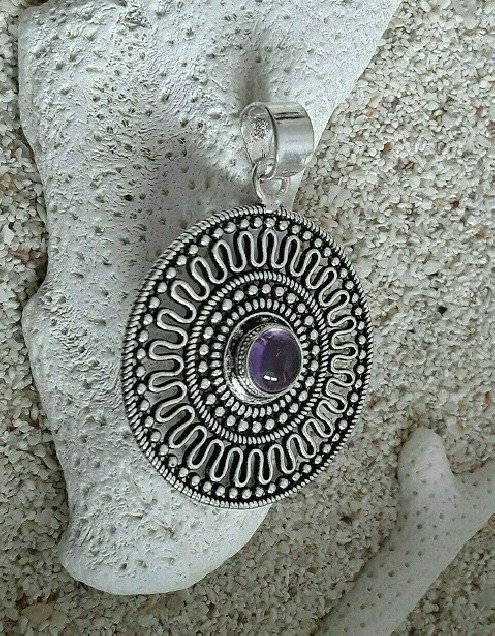 PENDENTIF ROND Bohème chic orné Améthyste ARGENT plaqué