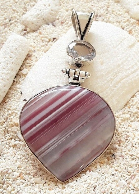 Grand Pendentif orné Agate Botswana & Zirconium Argent plaqué