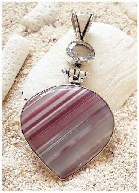 Grand Pendentif orné Agate Botswana & Zirconium Argent plaqué