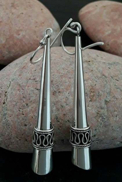 Longues Boucles d'oreilles cone Design Bali Argent 925