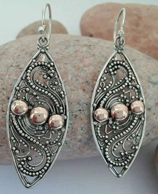 Longues Boucles d'Oreilles Ethnique 2 Tons Argent et Or