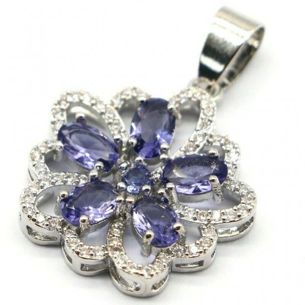 Beau Pendentif orné Zirconiums Lolites Bleues Argent plaqué