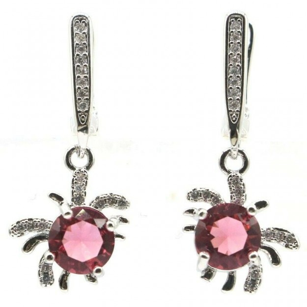 Boucles d oreilles ornées Zirconiums Tourmaline Rose en Argent plaqué