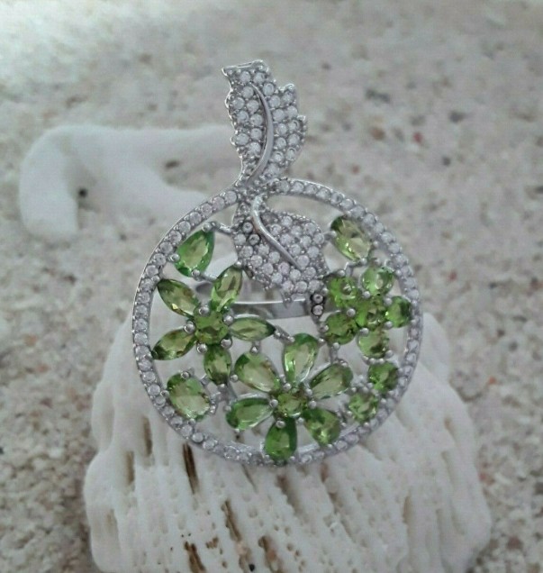 Grande Bague argent Plaqué ornée Péridot vert - TAILLE 54