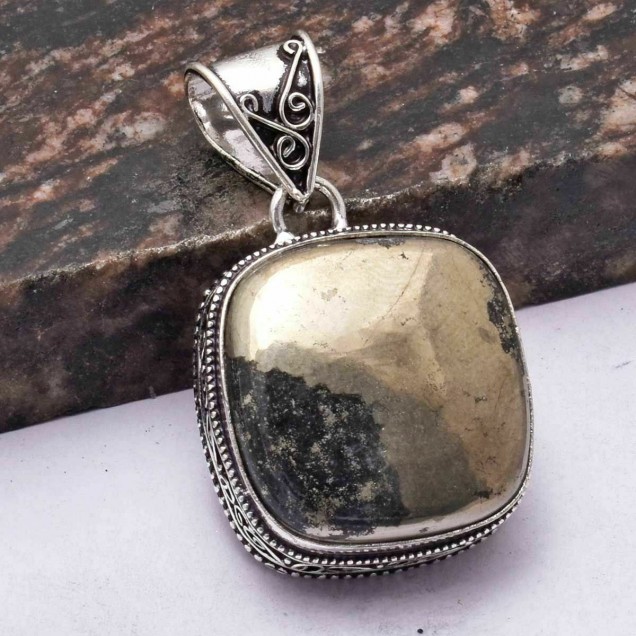 Grand Pendentif femme Argent plaque orné Pyrite