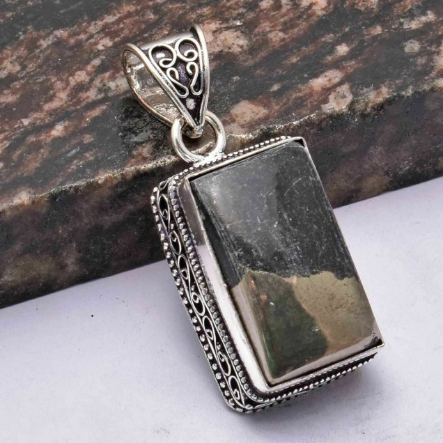 Grand Pendentif Argent plaque orné Pyrite naturelle