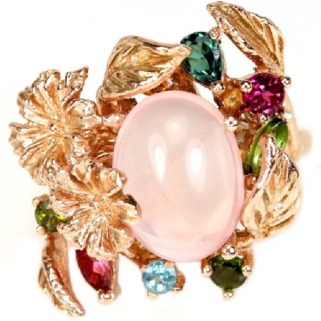 Superbe Bague DE CREATEUR VERMEIL ornée Quartz Rose & Tourmalines