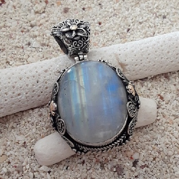 PENDENTIF EN ARGENT 925 & OR ORNE PIERRE DE LUNE