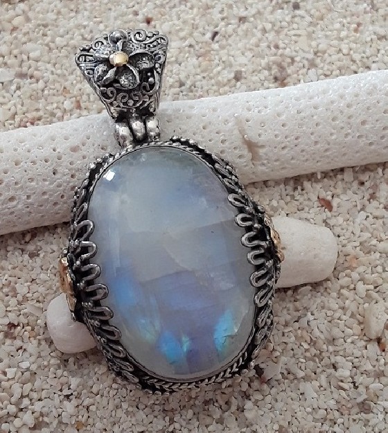 PENDENTIF médaillon ARGENT 925 & OR ORNE PIERRE DE LUNE