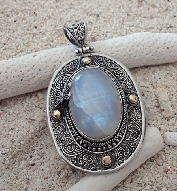 PENDENTIF ciselé ARGENT 925 & OR ORNE PIERRE DE LUNE
