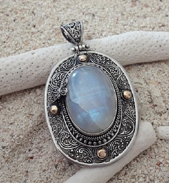 PENDENTIF ciselé ARGENT 925 & OR ORNE PIERRE DE LUNE